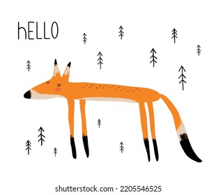 Cartoon of Fox. Funny Hand Drawn Vector Illustrarion with Orange Dreamy Fox Standing Among Black Trees on a White Background. Woodland Party Print ideal for Card, Wall Art, Poster. Wild Animal.