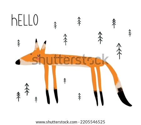 Cartoon of Fox. Funny Hand Drawn Vector Illustrarion with Orange Dreamy Fox Standing Among Black Trees on a White Background. Woodland Party Print ideal for Card, Wall Art, Poster. Wild Animal.