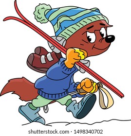 Cartoon fox goes skiing vector illustration
