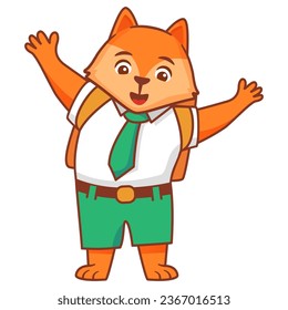 Cartoon fox going to school.A joyful cute tiger jumping cub in a school uniform with bag .Kid kawaii animal go to school.Animalistic childish character.Cute animal student.Line art vector.