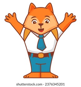 Cartoon fox going to school.A joyful cute tiger jumping cub in a school uniform with bag .Kid kawaii animal go to school.Animalistic childish character.Cute animal student.Line art vector.