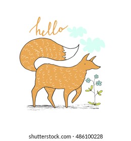 Cartoon fox. Hand drawn vector illustration. Can be used for kid's or baby's shirt design, fashion graphic, fashion print design, t-shirt and kids wear.