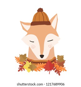 Cartoon Fox in hat with scarf in autumn foliage. Seasonal Greetings Poster -  cute vector hand drawing illustration.