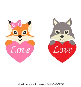 cartoon fox with heart pink and wolf