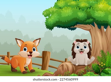 Cartoon fox and hedgehog in the jungle