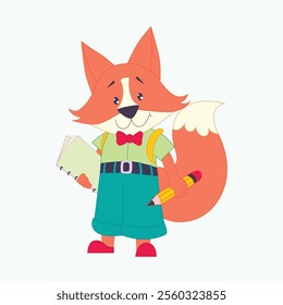 Cartoon fox holding a book and pencil, symbolizing education and learning in a cute style.