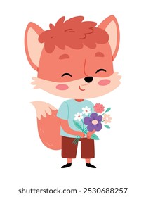 A cartoon fox holding a bouquet of flowers.