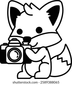 A cartoon fox is holding a camera and smiling