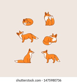 Cartoon fox icon set. Different poses of cartoon fox. Vector illustration for prints, clothing, packaging, stickers, stickers.