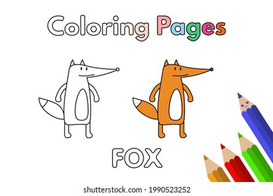 Cartoon fox illustration. Vector coloring book pages for children