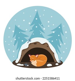 Cartoon fox inside the hole. Red fox in a hole during hibernation. Flat vector illustration.	