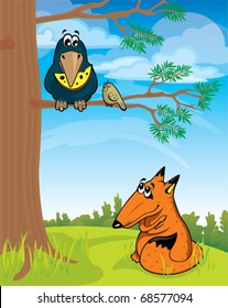 Cartoon fox looking at the crow with cheese