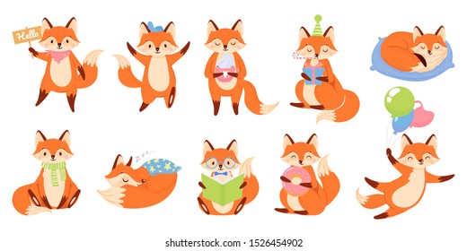 Cartoon fox mascot. Funny animal character, cute red foxes with black paws. Foxy mammal, clever fur predator animal or forest funny fox. Isolated vector illustration icons set