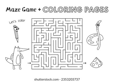 Cartoon fox maze game. Vector coloring book pages for children