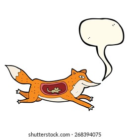 cartoon fox with mouse in belly with speech bubble