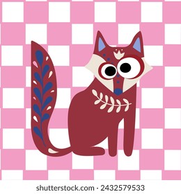 Cartoon fox on a checkered background. Chess board. Vector illustration