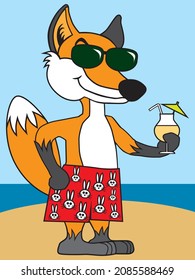 A cartoon fox on vacation is wearing sun glasses and holding an umbrella drink