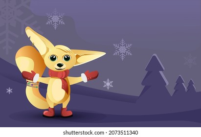 Cartoon fox on the winter background