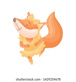 Cartoon fox in an orange dress of a ballerina. Vector illustration on white background.