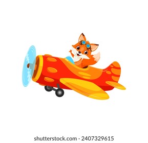 Piloto de zorro de caricatura en avión, divertido aviador animal en avión de juguete, personaje vector de niños. Graciosa aviación zoológico para juegos infantiles o impresión de camisetas con zorro lindo en gafas aviadoras que vuelan en avión de hélice