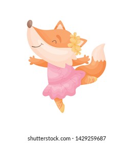 Cartoon fox in a pink dress ballerina. Vector illustration on white background.