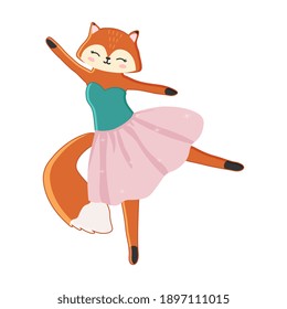 Cartoon fox in a pink dress ballerina. Vector illustration on white background.