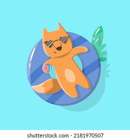 Cartoon fox in the pool on the swim ring berry for design, books, print, design, poster, greeting card, postcard, typography