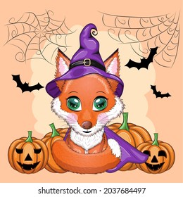 Cartoon fox in a purple witch hat and cloak on the background of the castle, pumpkin, moon. Halloween poster