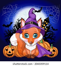 Cartoon fox in a purple witch hat and cloak on the background of the castle, pumpkin, moon. Halloween poster