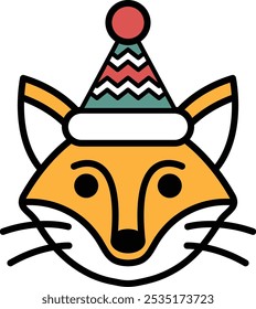 A cartoon fox with a red and green hat on its head. The hat is decorated with a red and green ribbon