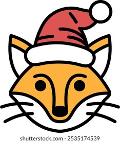 A cartoon fox with a red hat and a red bow on top of it. The fox is wearing a Santa hat and is smiling