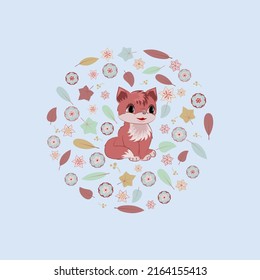 Cartoon fox with round frame from flowers, leaves, berries. Light blue background. Vector illustration.