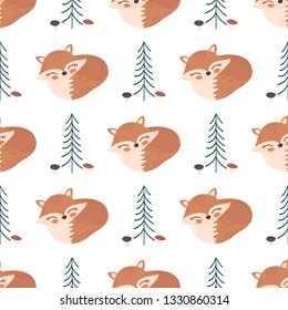 Cartoon fox seamless pattern. Fox, trees and mushrooms vector illustration.