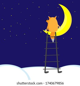 Cartoon fox seating on half moon on midnight. Fox dreaming and thinking about everything. Stars on sky and stair on clouds