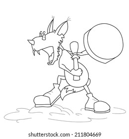 Cartoon fox in shoes plays frame drums, sketch illustration.