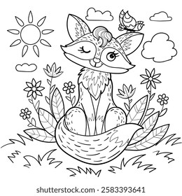 Cartoon fox sits with a butterfly on his ear, on a meadow with flowers. Black and white linear drawing. Isolated on a white background. For children's design of prints, posters, postcards, stickers, e