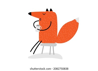 Cartoon fox sits on stool and drinks hot drink. Vector hand drawn illustration on white background. Autumn or winter card with cartoon character. Cute fox with hot coffee, chocolate, tea
