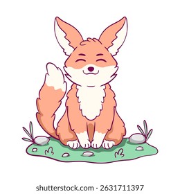 Cartoon fox is sitting on the grass. The fox is smiling and he is happy