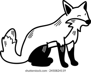 A cartoon fox is sitting on the ground with its paws on its hips. The fox has a smile on its face, and its fur is orange and blue