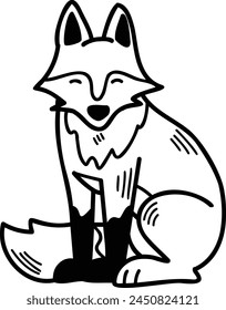 A cartoon fox is sitting on the ground with its paws on its hips. The fox has a smile on its face, and its fur is orange and blue