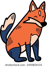 A cartoon fox is sitting on the ground with its paws on its hips. The fox has a smile on its face, and its fur is orange and blue