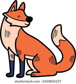 A cartoon fox is sitting on the ground with its paws on its hips. The fox has a smile on its face, and its fur is orange and blue