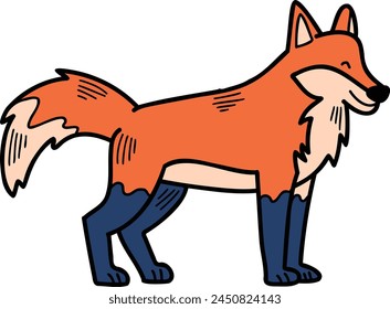 A cartoon fox is sitting on the ground with its paws on its hips. The fox has a smile on its face, and its fur is orange and blue