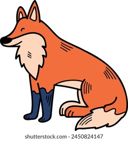 Ein Cartoon-Fuchs sitzt mit seinen Pfoten auf den Hüften auf dem Boden. Der Fuchs hat ein Lächeln im Gesicht, sein Fell ist orange und blau