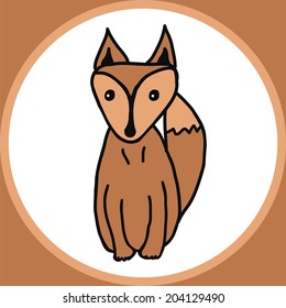 Cartoon fox sitting in the orange frame and sad looking left