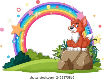 Cartoon fox sitting under a vibrant rainbow.