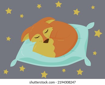 A cartoon fox sleeping on a pillow among the stars in a vector illustration
