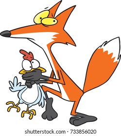 cartoon fox sneaking off with a chicken in his hands