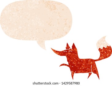 cartoon fox with speech bubble in grunge distressed retro textured style
