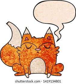 cartoon fox with speech bubble in retro texture style